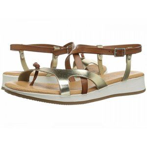 NEW Eric Michael Women Tan Gold Leather Platform Strap Buckle Thong Comfort